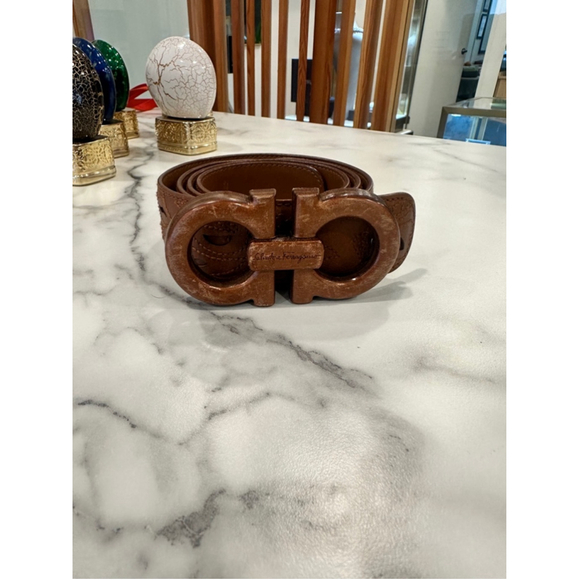 ❌sold❌Authentic rare Salvatore ferragamo belt wood leather top buckle - Picture 2 of 7